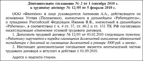 Доп соглашение о доплате за совмещение должностей образец